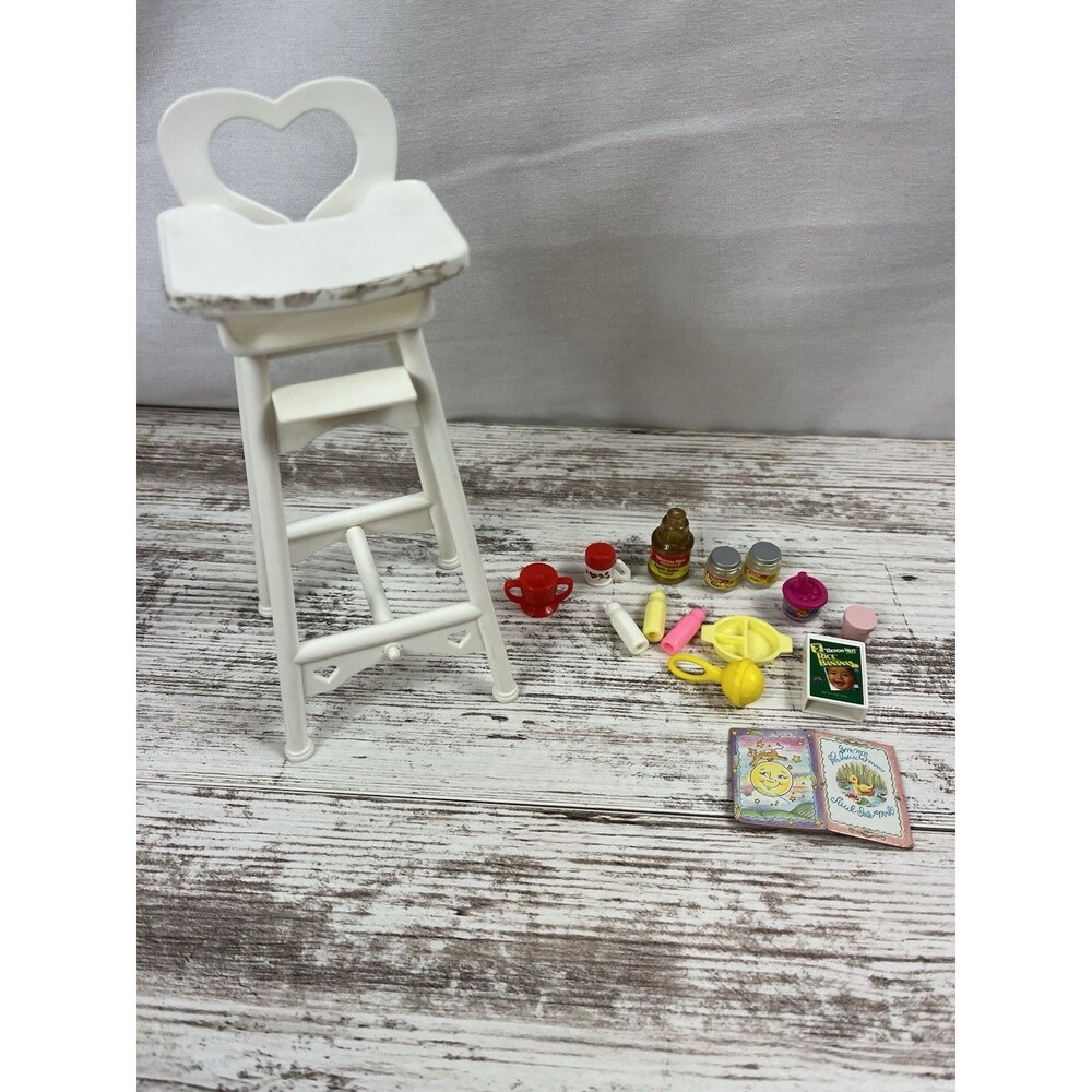 Vtg 97 Barbie Kelly Doll Baby Sister Eatin' Fun High Chair Bottles Cups Food Etc